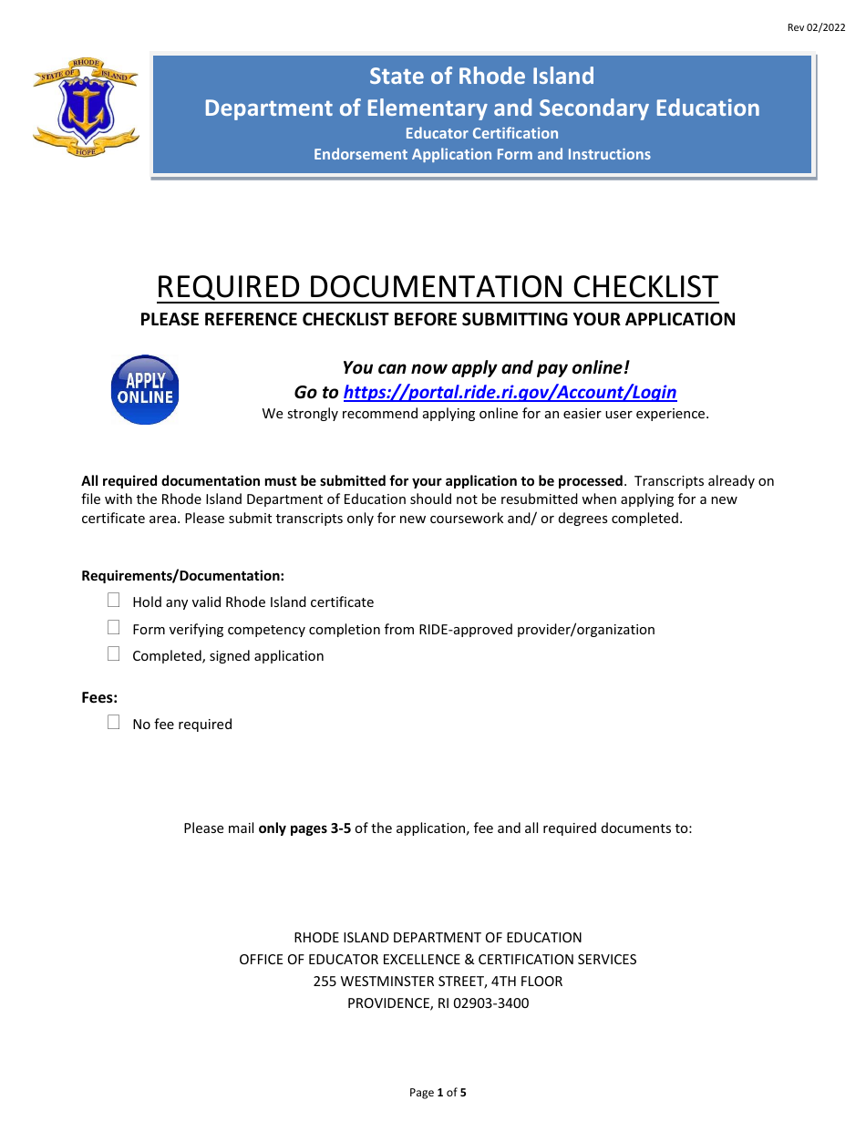 Educator Certification Endorsement Application Form - Rhode Island, Page 1