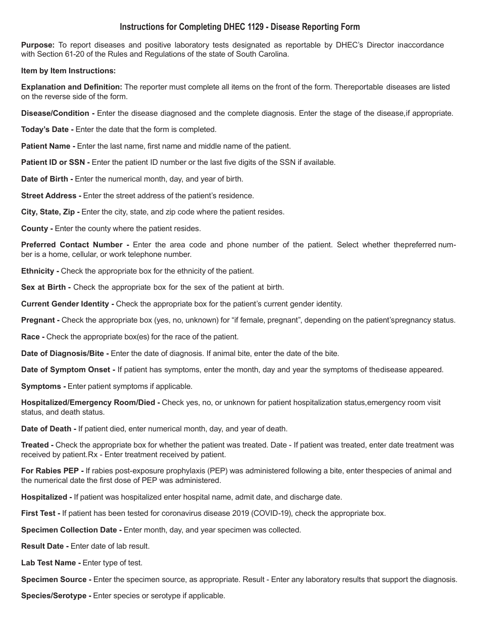 DHEC Form 1129 Disease Reporting Form - South Carolina, Page 3