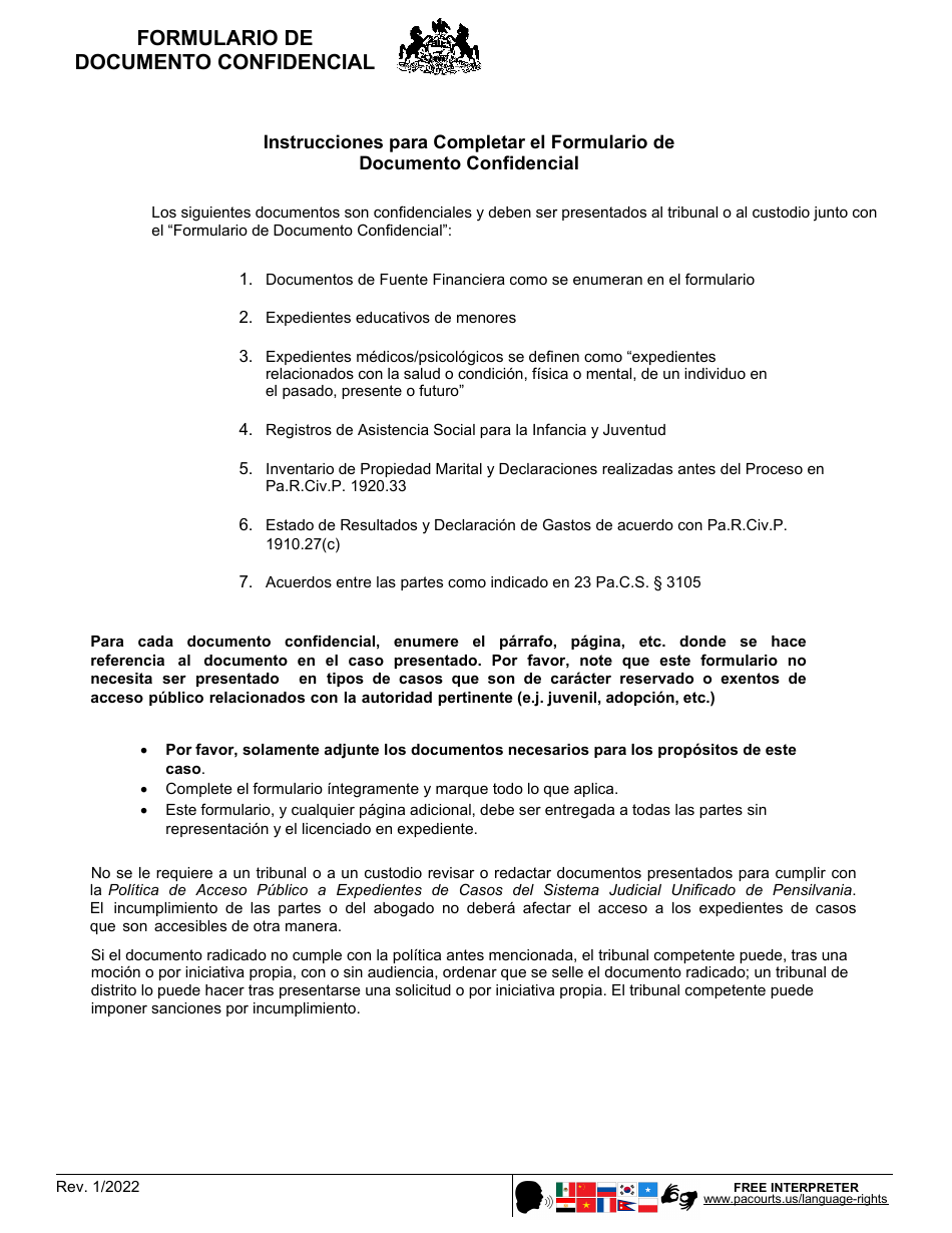 Formulario De Documento Confidencial - Pennsylvania (Spanish), Page 2