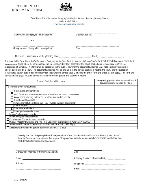 Confidential Document Form - Pennsylvania Download Pdf