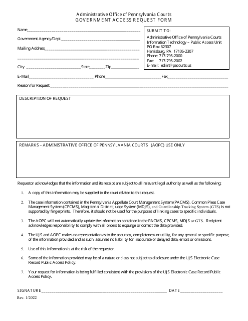 Government Access Request Form - Pennsylvania Download Pdf