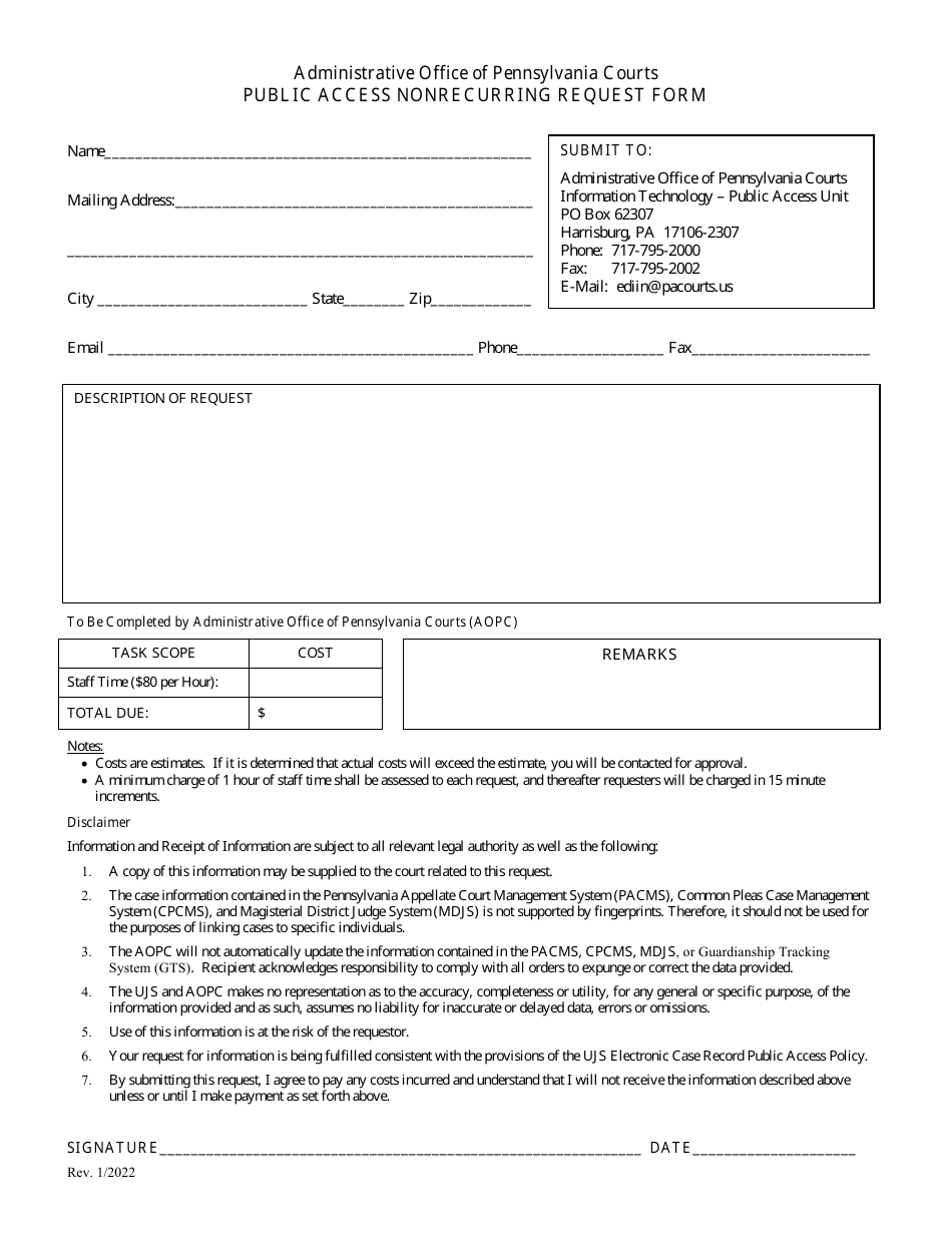 Public Access Nonrecurring Request Form - Pennsylvania, Page 1