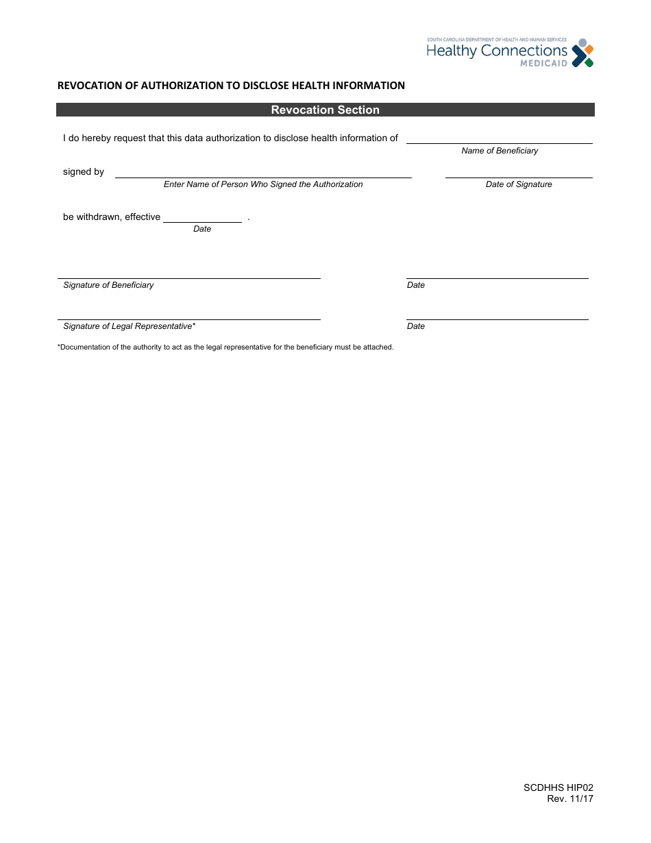 Form HIP02 Revocation of Authorization to Disclose Health Information - South Carolina, Page 1