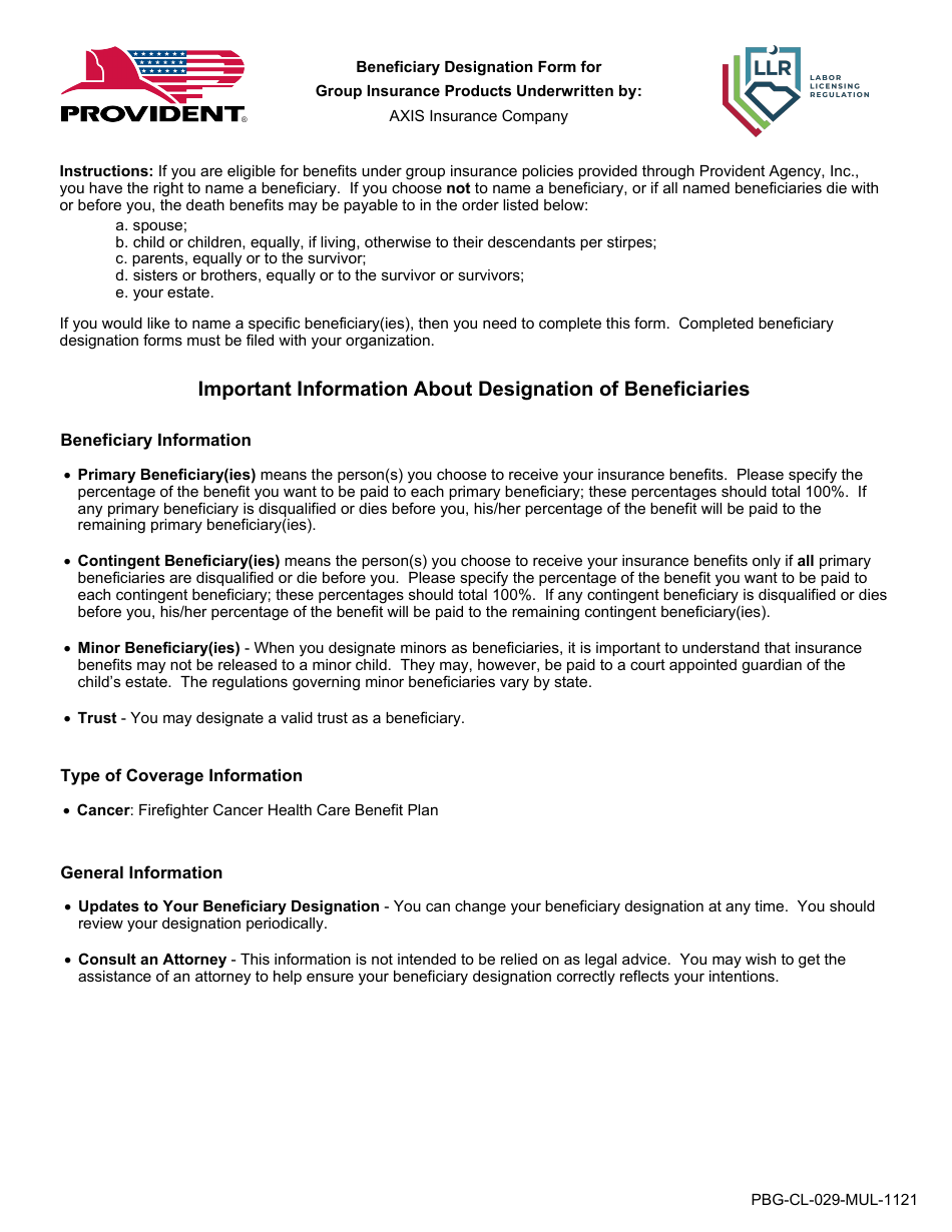 Form PBG-CL-029-MUL-1121 Beneficiary Designation Form for Group Insurance Products Underwritten by: Axis Insurance Company - South Carolina, Page 1