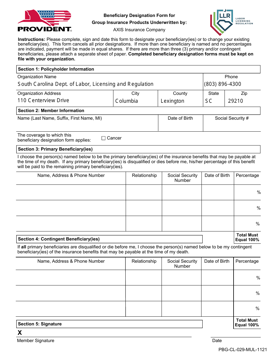 Form PBG-CL-029-MUL-1121 Beneficiary Designation Form for Group Insurance Products Underwritten by: Axis Insurance Company - South Carolina, Page 2