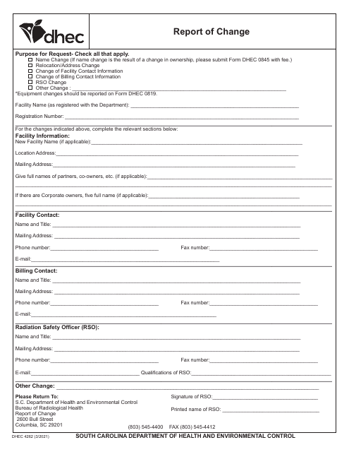 DHEC Form 4262  Printable Pdf