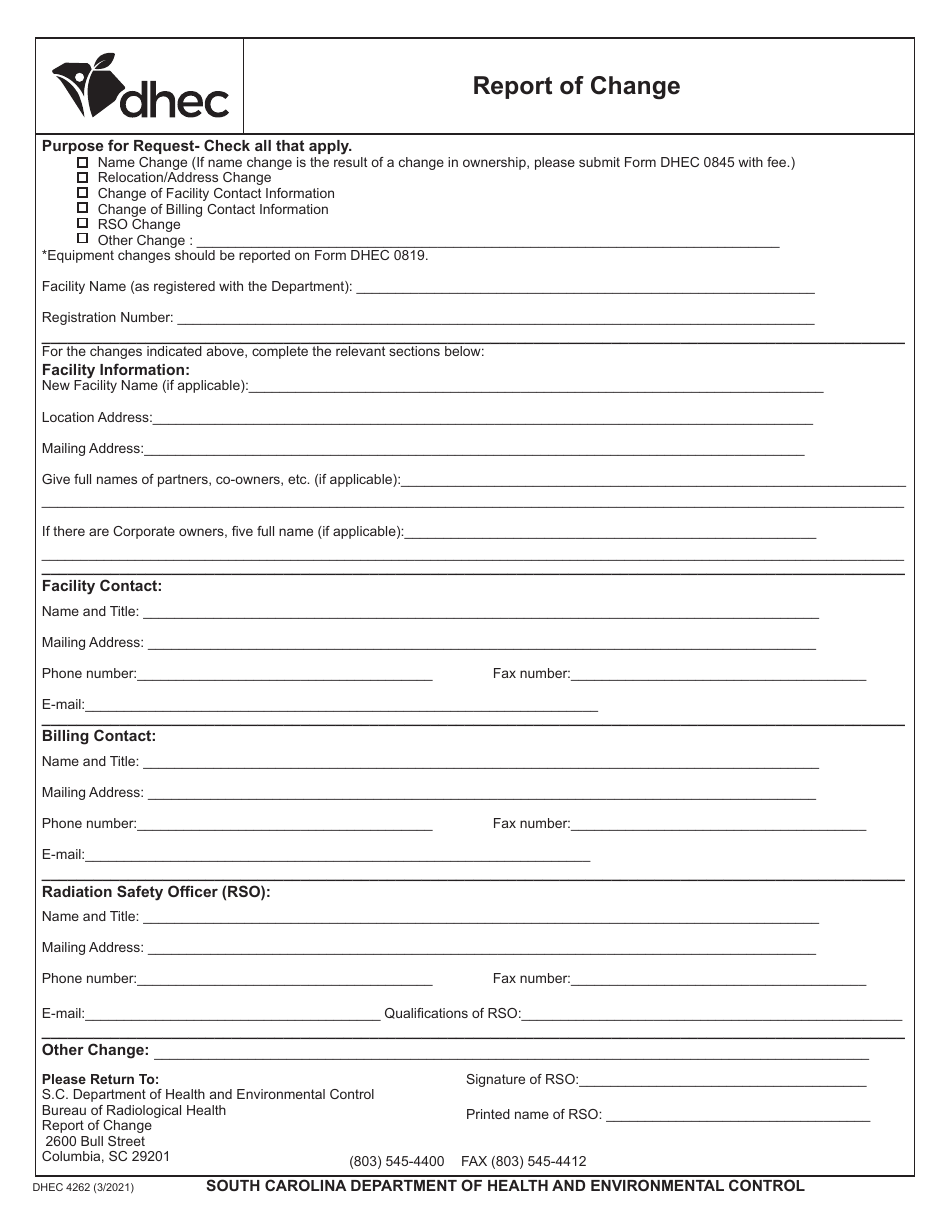 DHEC Form 4262 Report of Change - South Carolina, Page 1
