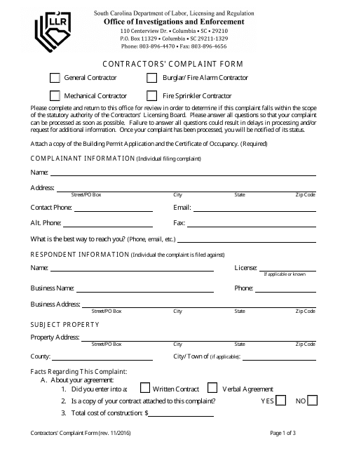 Contractors' Complaint Form - South Carolina Download Pdf