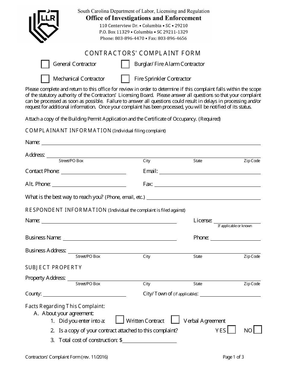 Contractors Complaint Form - South Carolina, Page 1