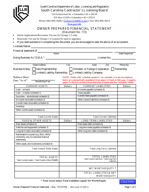 Form DOC172 Owner Prepared Financial Statement - South Carolina