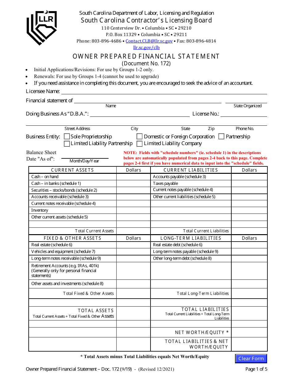 Form DOC172 Owner Prepared Financial Statement - South Carolina, Page 1