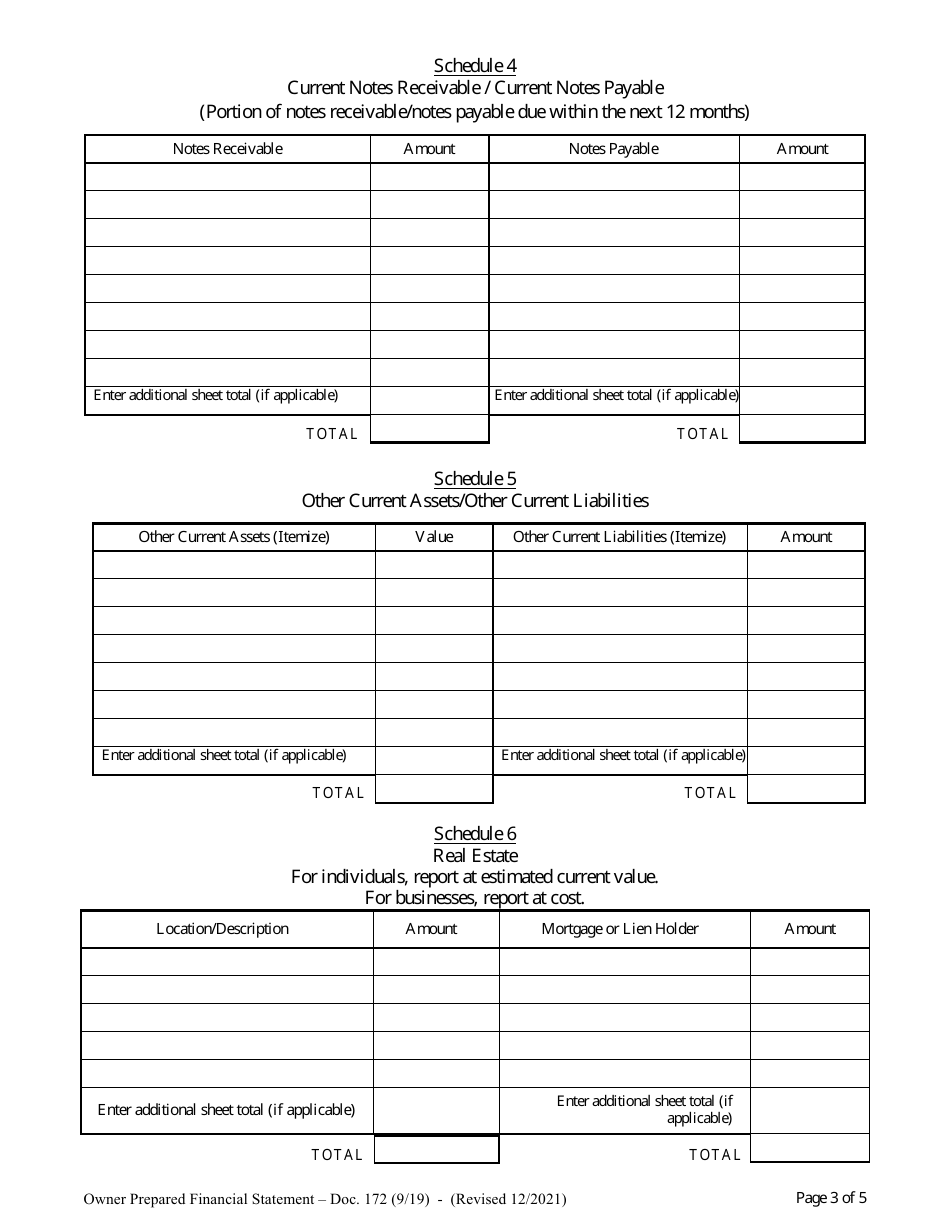 Form DOC172 Owner Prepared Financial Statement - South Carolina, Page 3