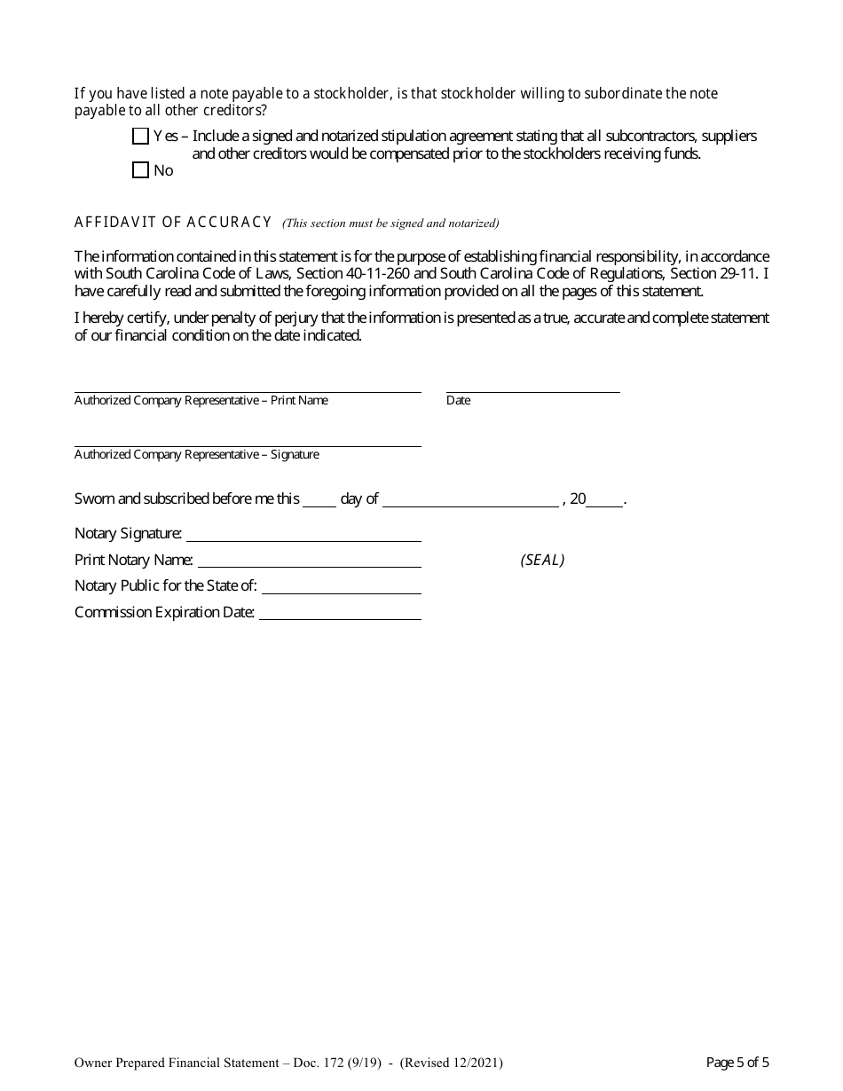 Form DOC172 Owner Prepared Financial Statement - South Carolina, Page 5