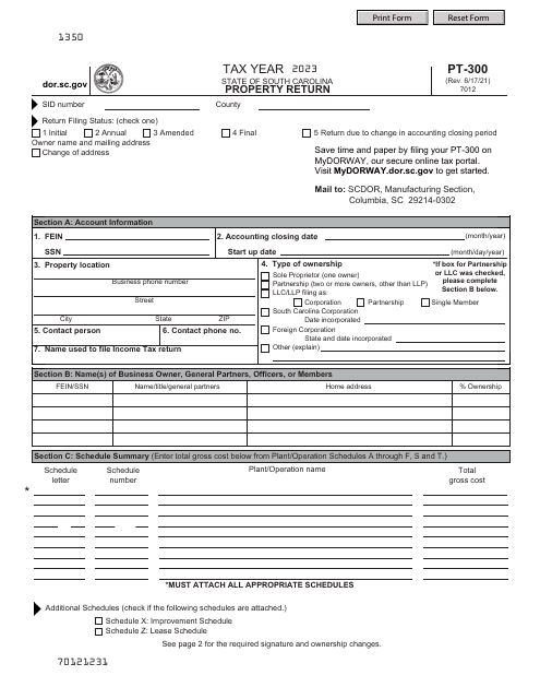 Form PT-300 Property Return - South Carolina, 2023