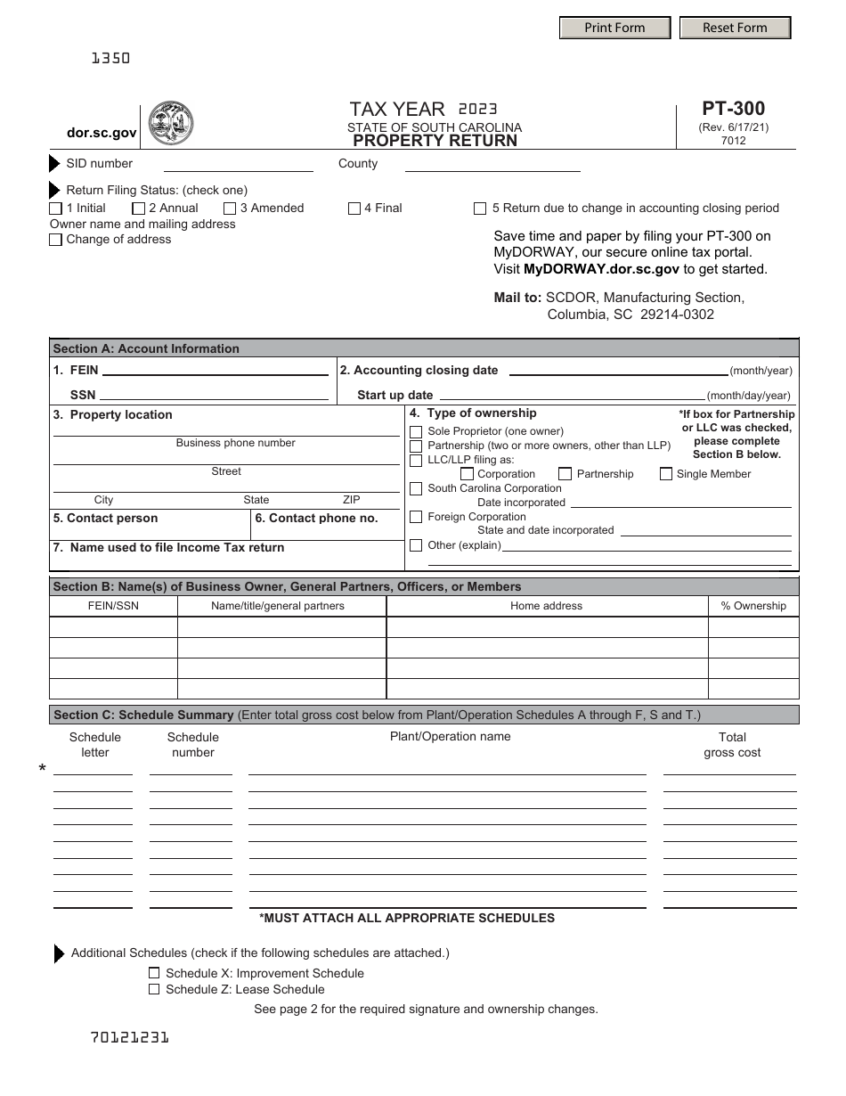 Form PT-300 Property Return - South Carolina, Page 1