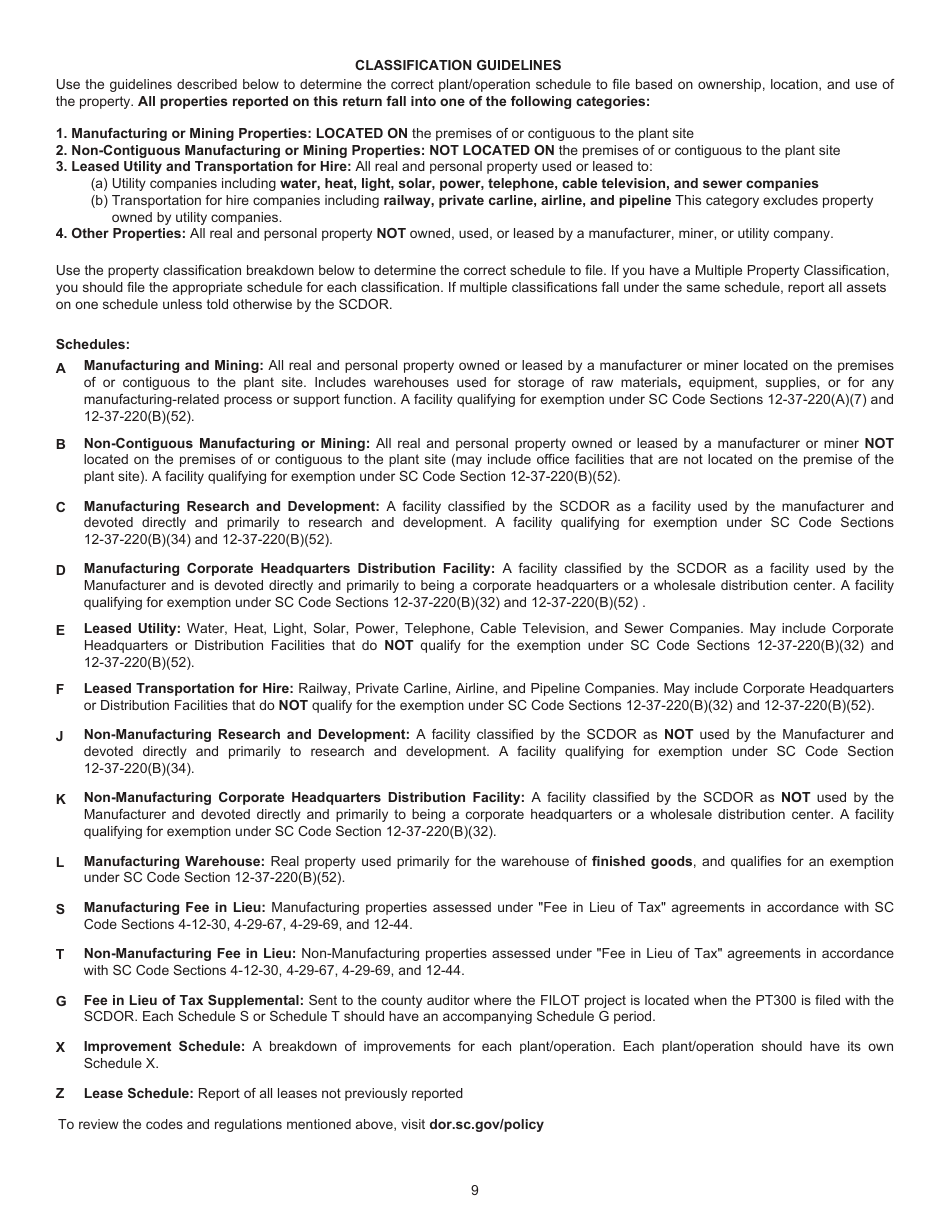 Instructions for Form PT-300 Property Tax and Fee in Lieu - South Carolina, Page 10