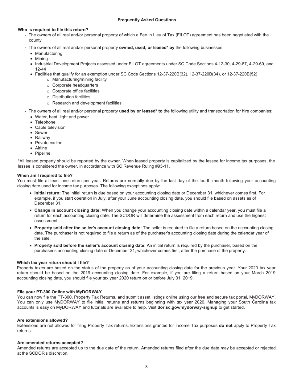 Instructions for Form PT-300 Property Tax and Fee in Lieu - South Carolina, Page 4