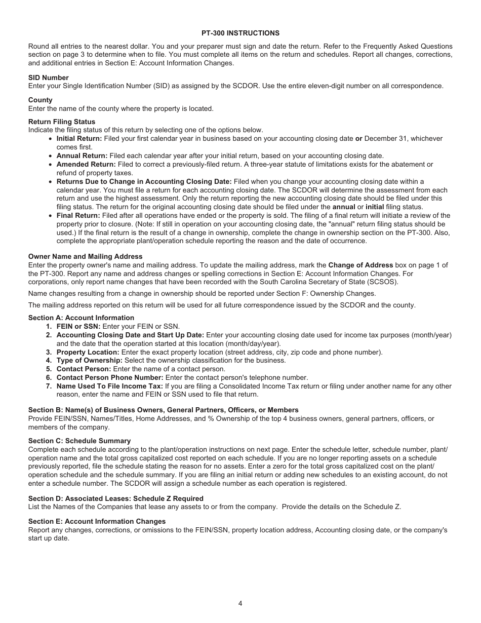 Instructions for Form PT-300 Property Tax and Fee in Lieu - South Carolina, Page 5