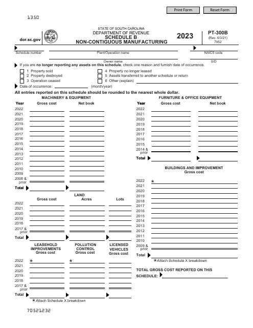 Form PT-300 Schedule B Non-contiguous Manufacturing - South Carolina, 2023