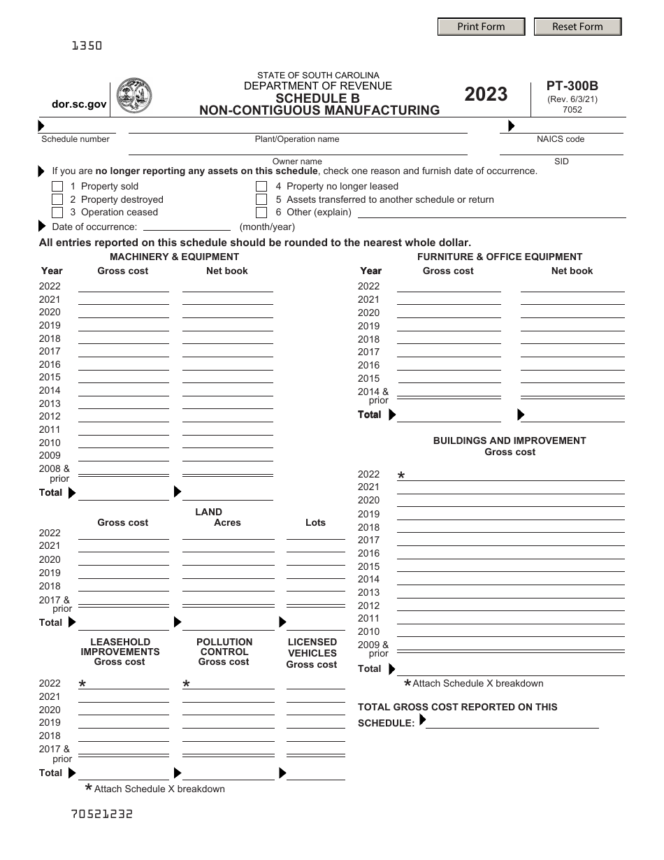 Form PT-300 Schedule B Non-contiguous Manufacturing - South Carolina, Page 1