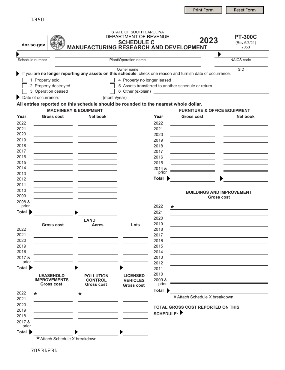 Form PT-300 Schedule C Manufacturing Research and Development - South Carolina, Page 1