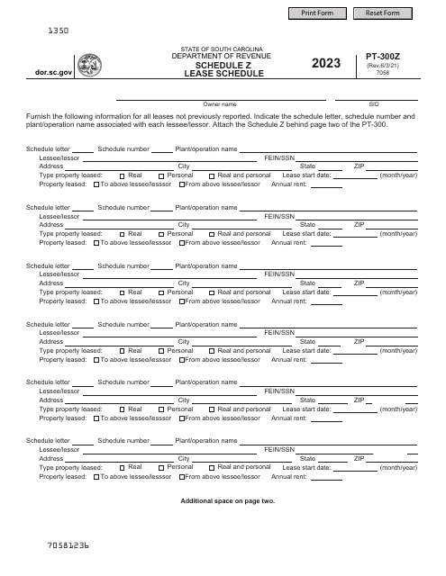 Form PT-300 Schedule Z Lease Schedule - South Carolina, 2023