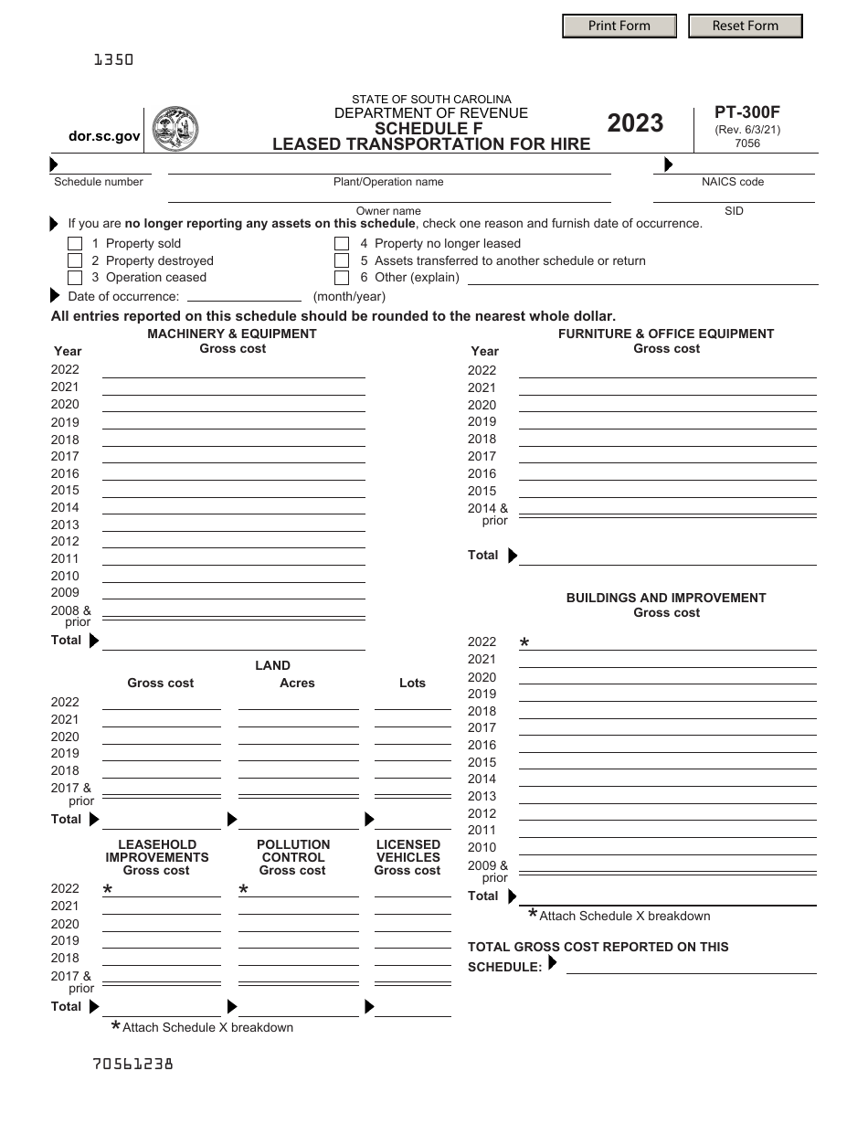 Form PT-300 Schedule F Leased Transportation for Hire - South Carolina, Page 1