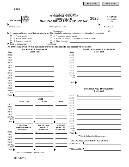 Form PT-300 Schedule S Manufacturing Fee in Lieu of Tax - South Carolina, 2023