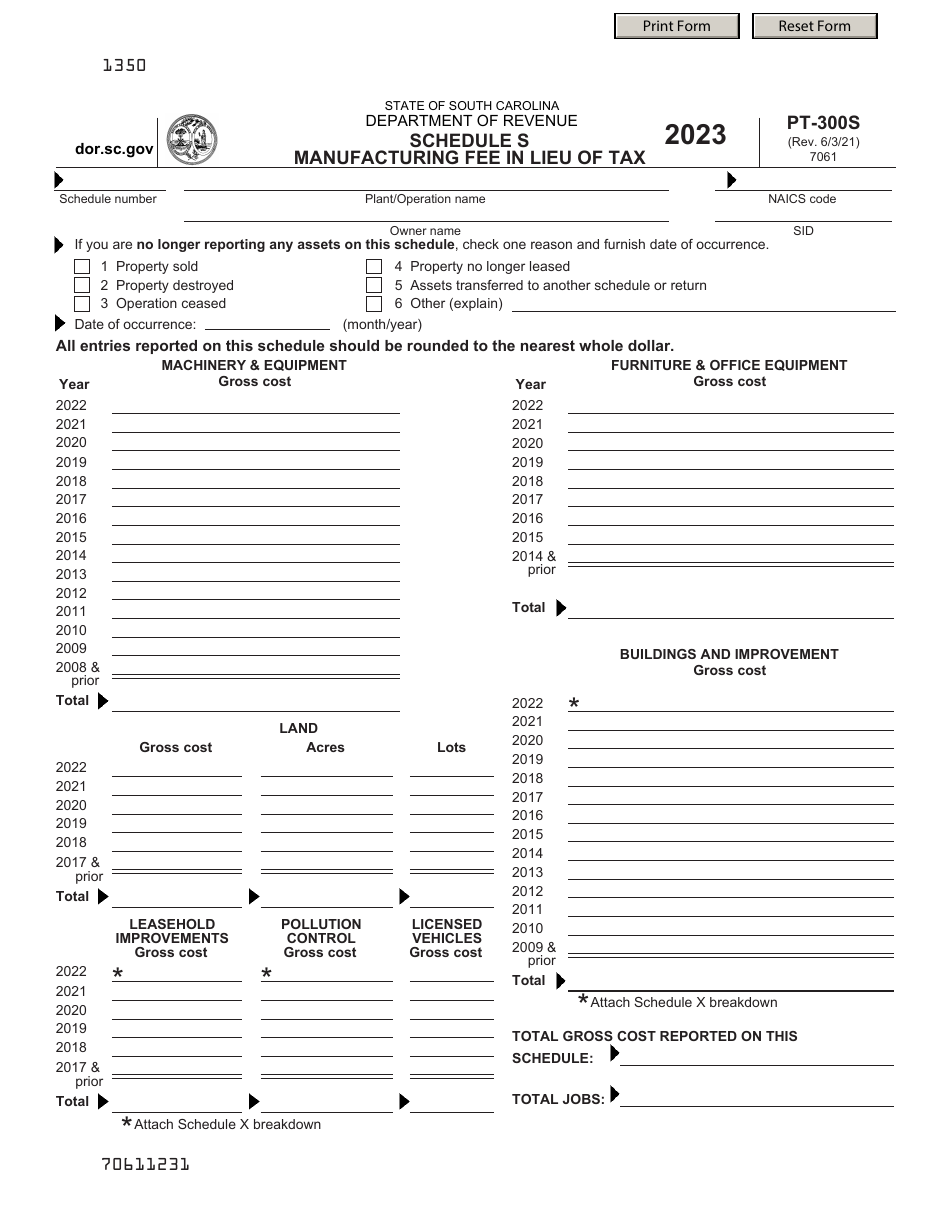 Form PT-300 Schedule S Manufacturing Fee in Lieu of Tax - South Carolina, Page 1