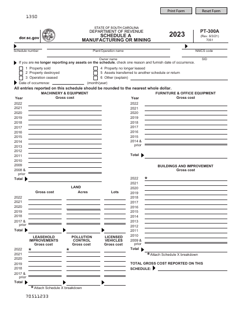 Form PT-300A Schedule A Manufacturing or Mining - South Carolina, 2023