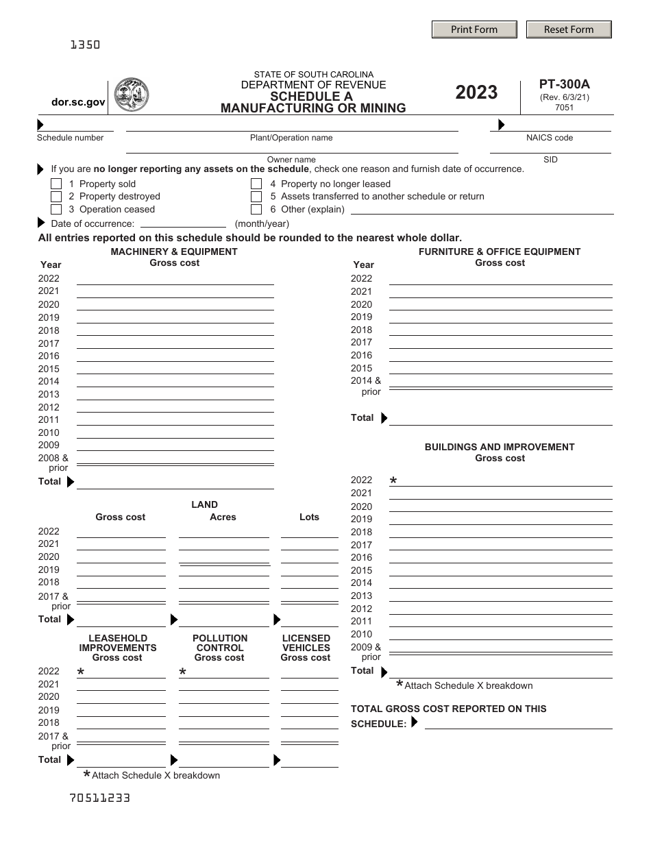 Form PT-300A Schedule A Manufacturing or Mining - South Carolina, Page 1
