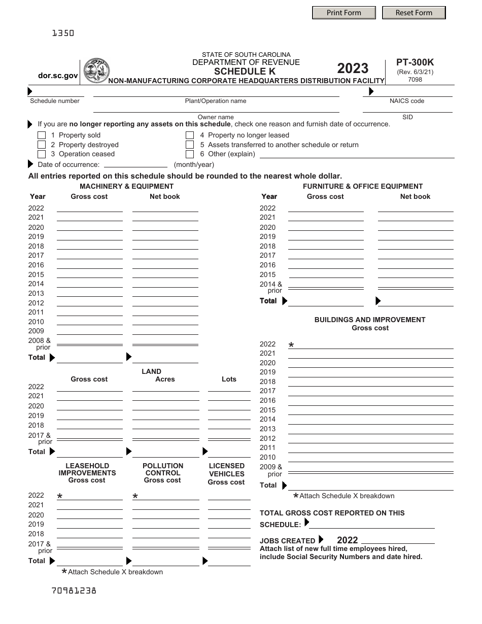 Form PT-300 Schedule K Non-manufacturing Corporate Headquarters Distribution Facility - South Carolina, Page 1