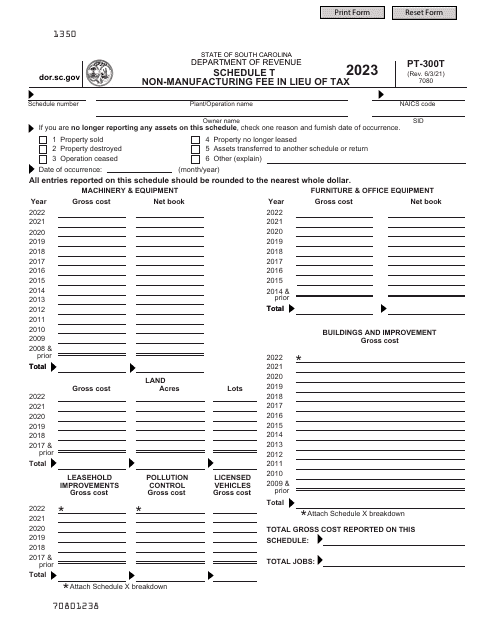 Form PT-300 Schedule T Non-manufacturing Fee in Lieu of Tax - South Carolina, 2023