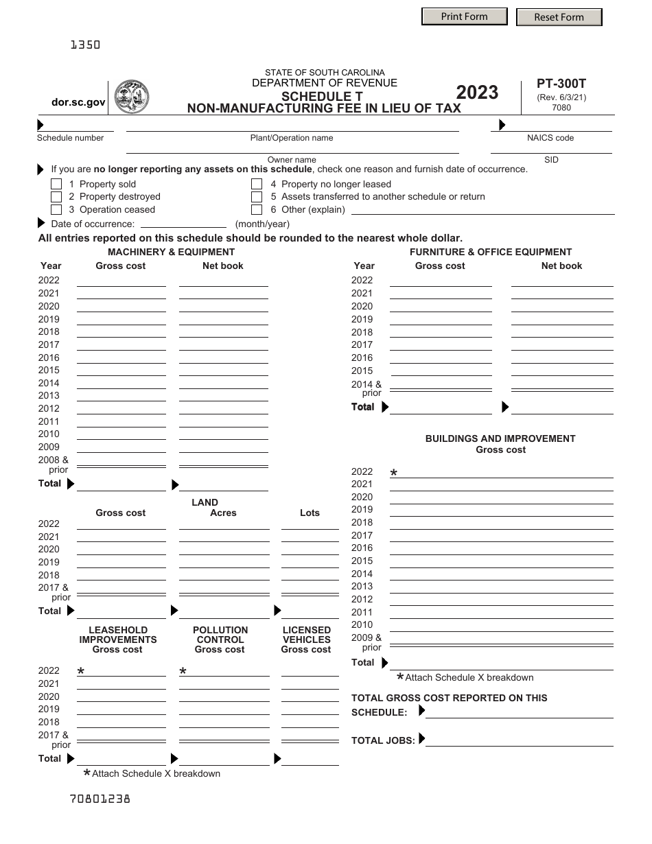 Form PT-300 Schedule T Non-manufacturing Fee in Lieu of Tax - South Carolina, Page 1