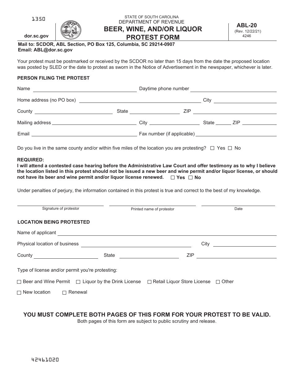 Form ABL-20 Beer, Wine, and / or Liquor Protest Form - South Carolina, Page 1