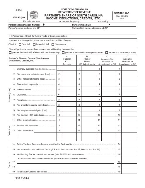 Form SC1065 K-1  Printable Pdf