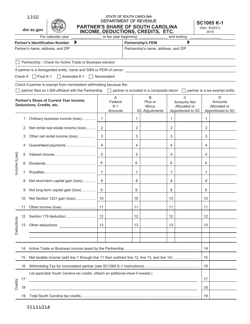 Form SC1065 K-1 Partner's Share of South Carolina Income, Deductions, Credits, Etc. - South Carolina, Page 1