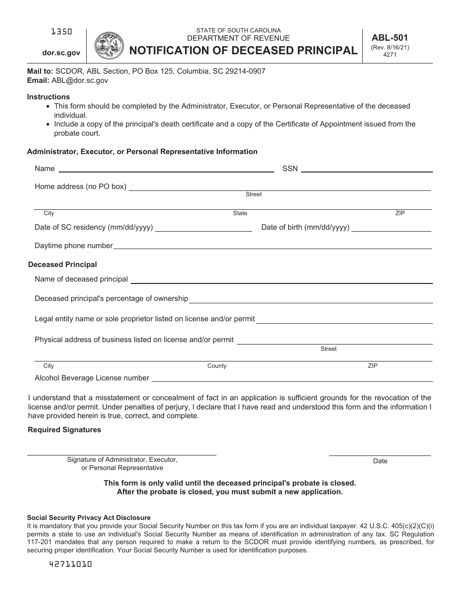 Form ABL-501 Notification of Deceased Principal - South Carolina, Page 1