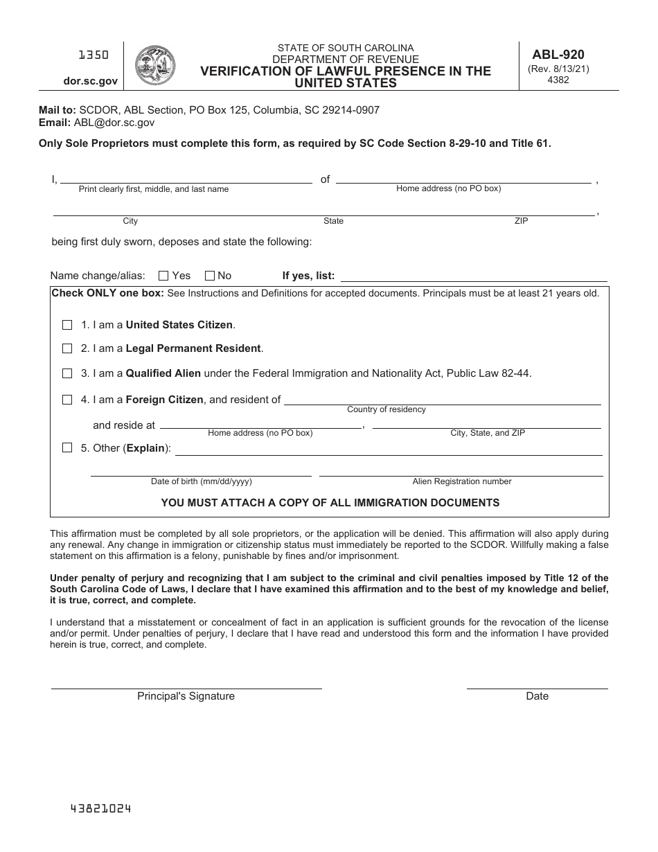 Form ABL-920 Verification of Lawful Presence in the United States - South Carolina, Page 1