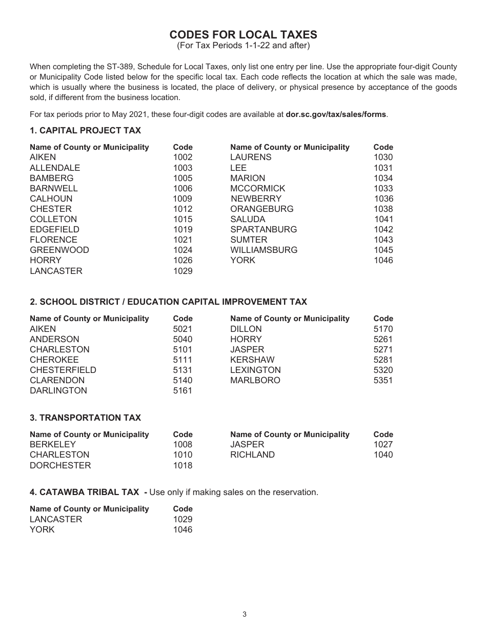 Instructions for Form ST-389 Schedule for Local Taxes - South Carolina, Page 3
