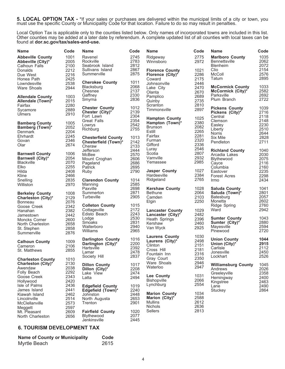 Instructions for Form ST-389 Schedule for Local Taxes - South Carolina, Page 4
