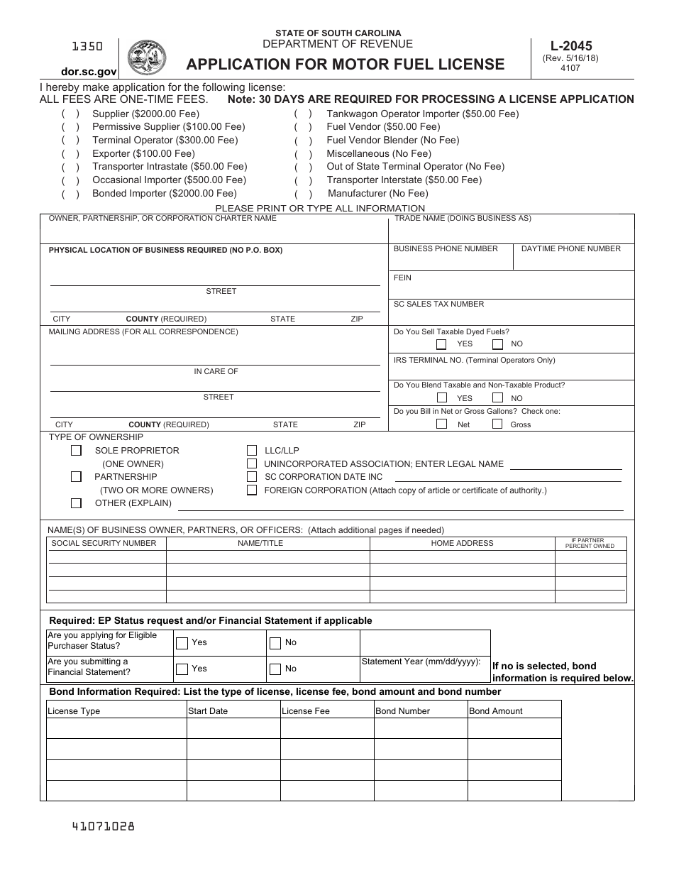 Form L-2045 Application for Motor Fuel License - South Carolina, Page 1
