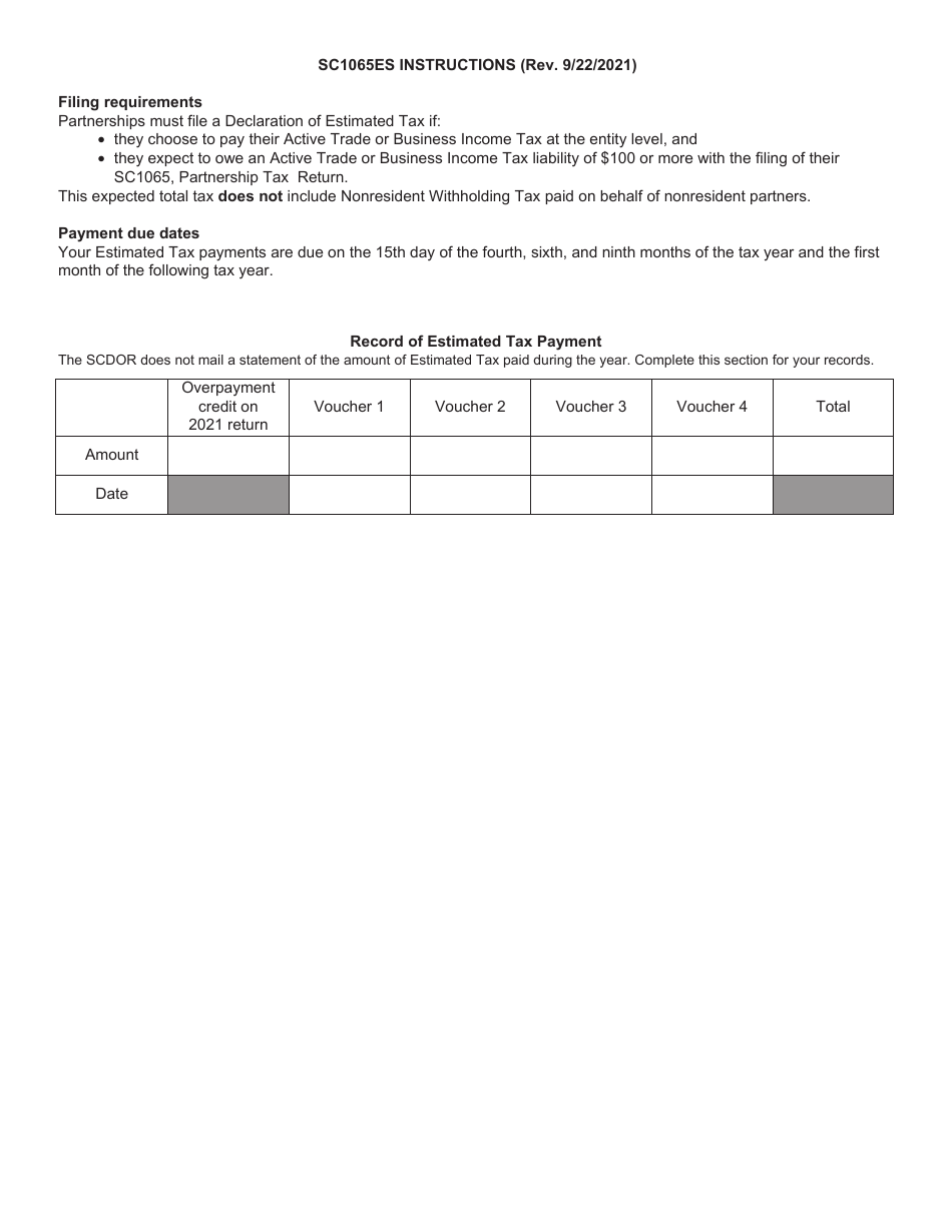 Form SC1065ES Partnership Declaration of Estimated Income Tax - South Carolina, Page 2