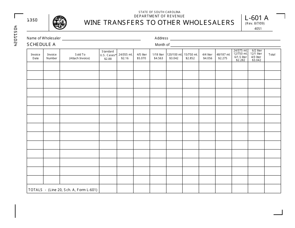 Form L-601 A Wine Transfers to Other Wholesalers - South Carolina, Page 1