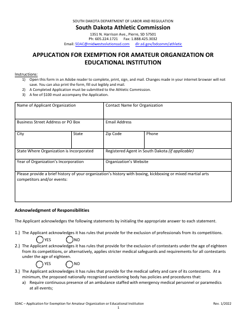 Application for Exemption for Amateur Organization or Educational Institution - South Dakota Download Pdf