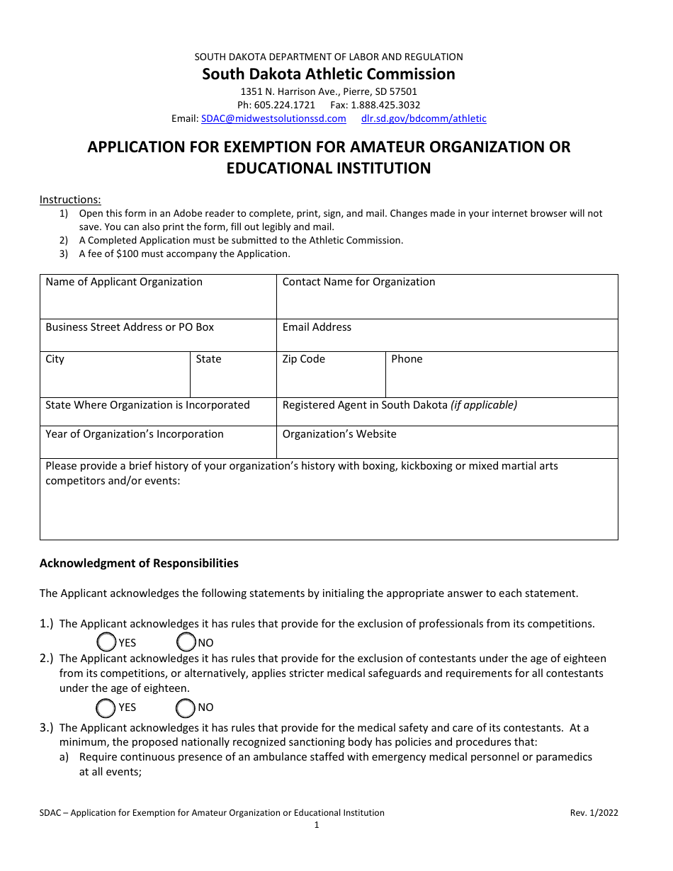 Application for Exemption for Amateur Organization or Educational Institution - South Dakota, Page 1