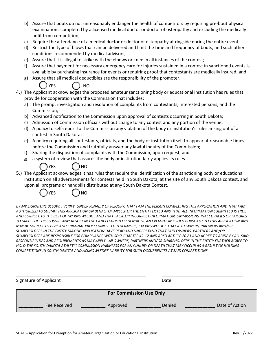 South Dakota Application for Exemption for Amateur Organization or ...