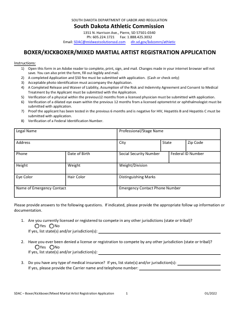 Boxer / Kickboxer / Mixed Martial Artist Registration Application - South Dakota Download Pdf