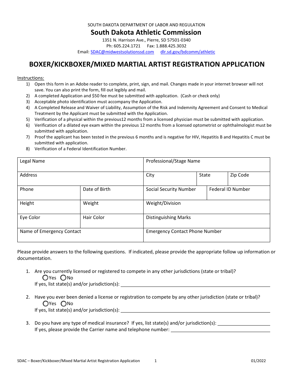 Boxer / Kickboxer / Mixed Martial Artist Registration Application - South Dakota, Page 1