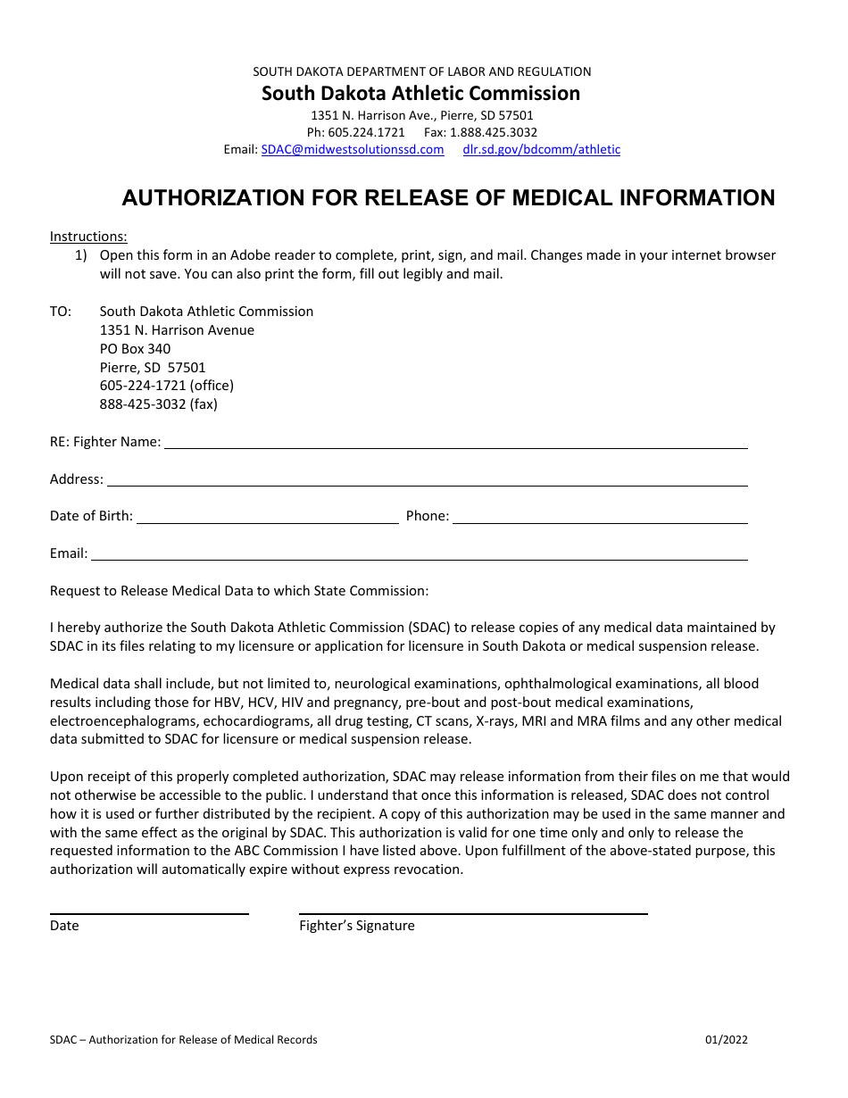 Authorization for Release of Medical Information - South Dakota, Page 1